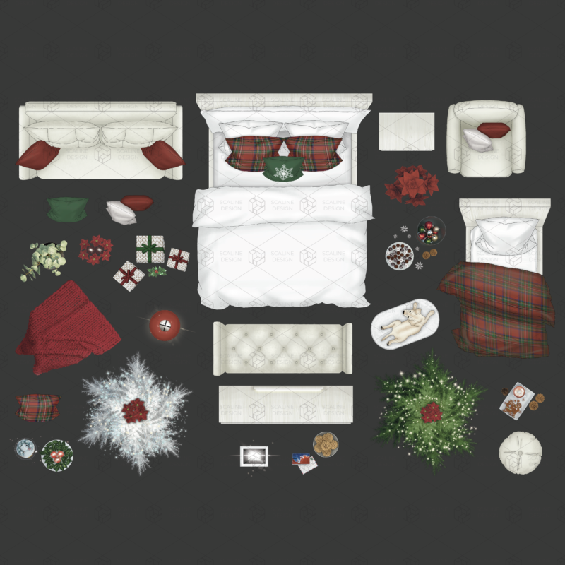 Christmas furniture collection, top view, procreate, illustration, double bed, kid bed, armchair, couch, hairdresser, pouf, divan, christmas's flowers, lamp, nightstand, white christmas tree, green christmas tree, chocolates, dog, puppy, christmas gifts, pillows, flowers, christmas decoration, blanket, indoor plants