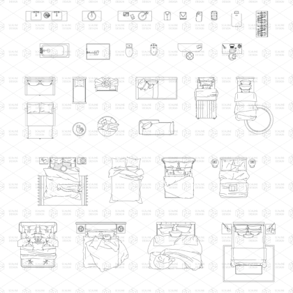 bed with different sizes (single, twin, double, queen, king size, extra king size), bunk bed, sofa bed, sofa, cloth, clothes closet, vanity furniture, pouf, wc, sink, washbasin, shower, bathtub, suitcase armchairs, puppy, pet bed, dog, baby crib, coffee, kid bed, bidet, tablet, desk lamp, pants, folded clothes, master bed, pillows, carpet, decoration and more